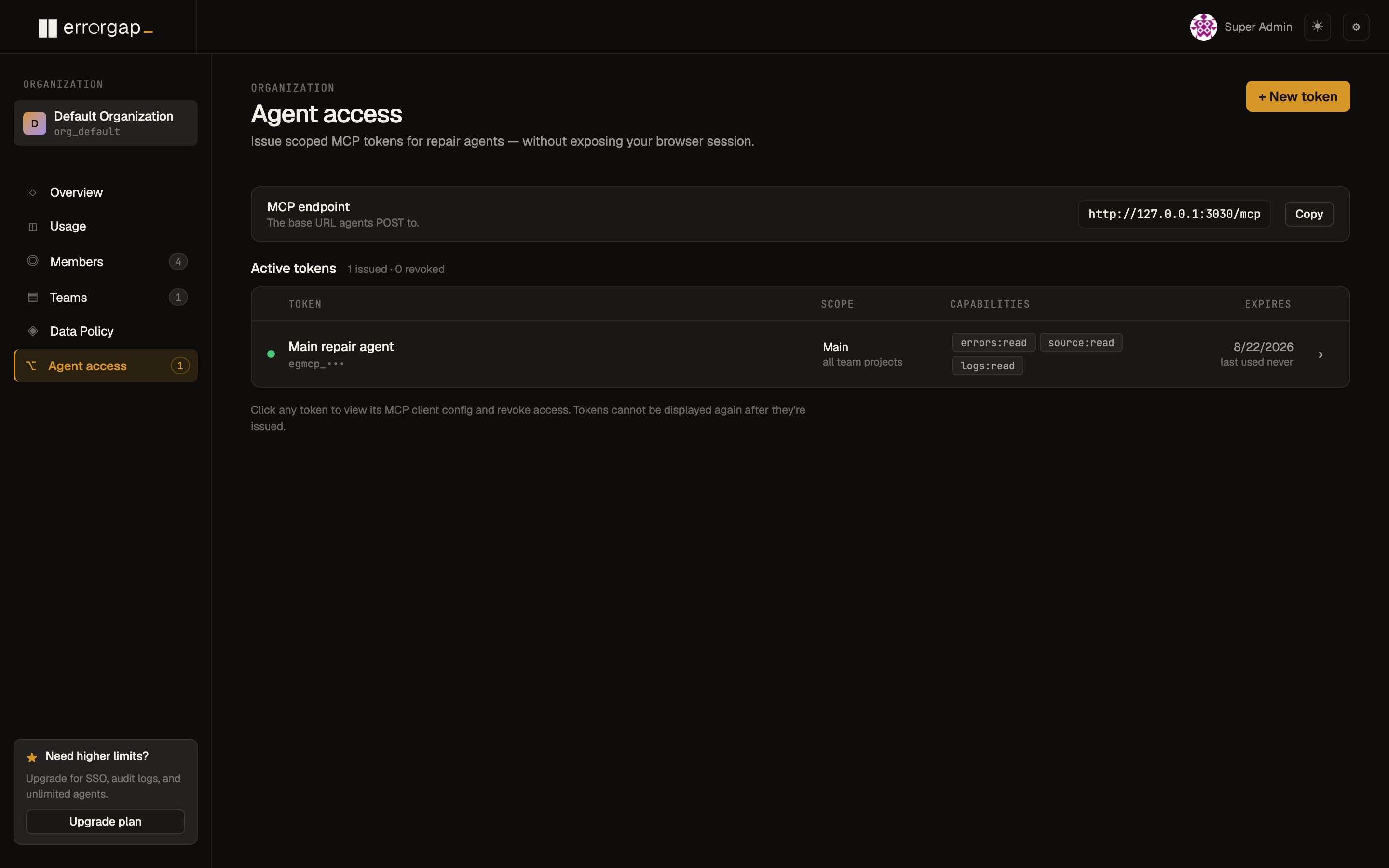 Errorgap Agent Access page — scoped MCP tokens with capabilities and expiry