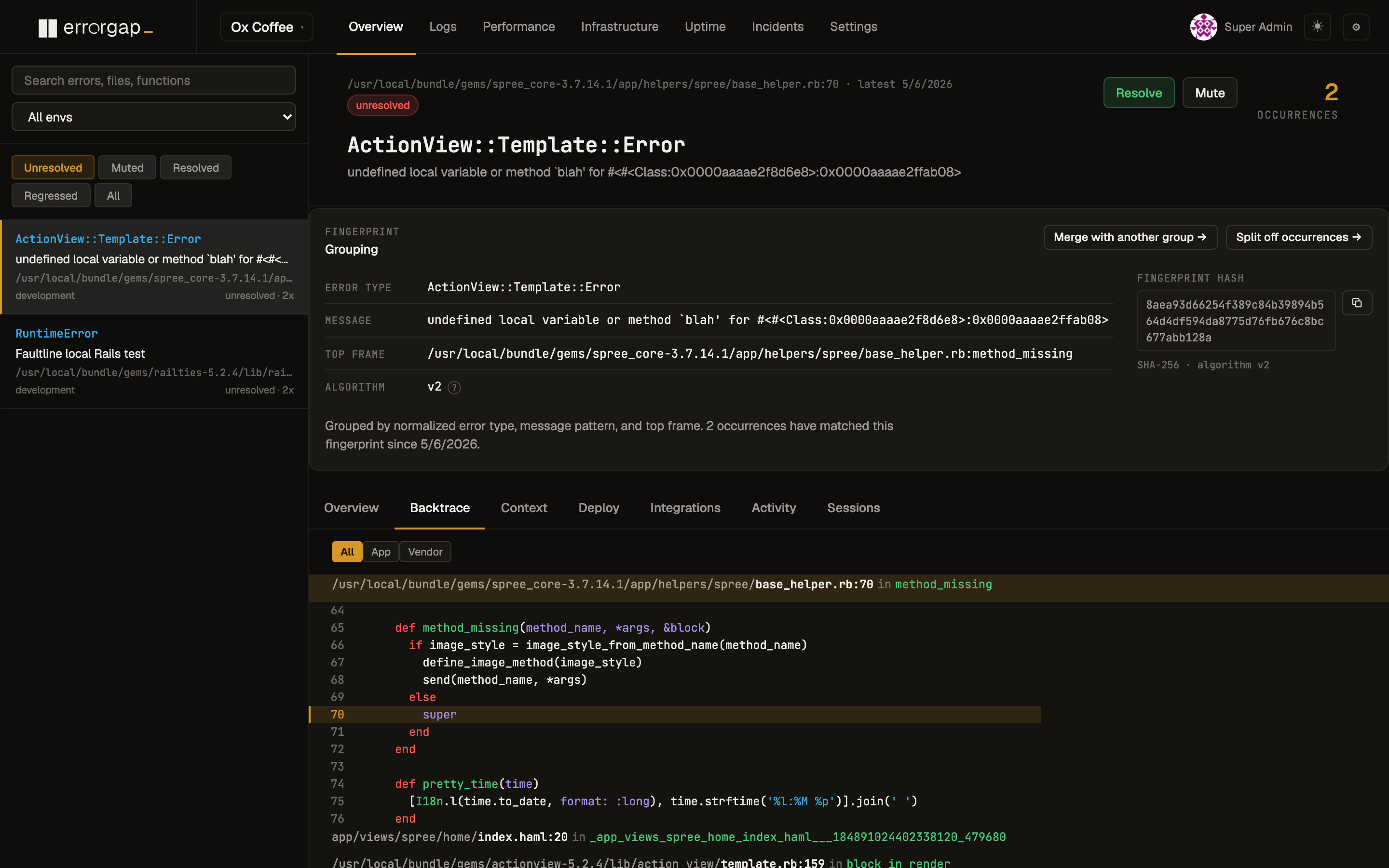 Errorgap backtrace view showing the highlighted source line, call stack, and fingerprint panel