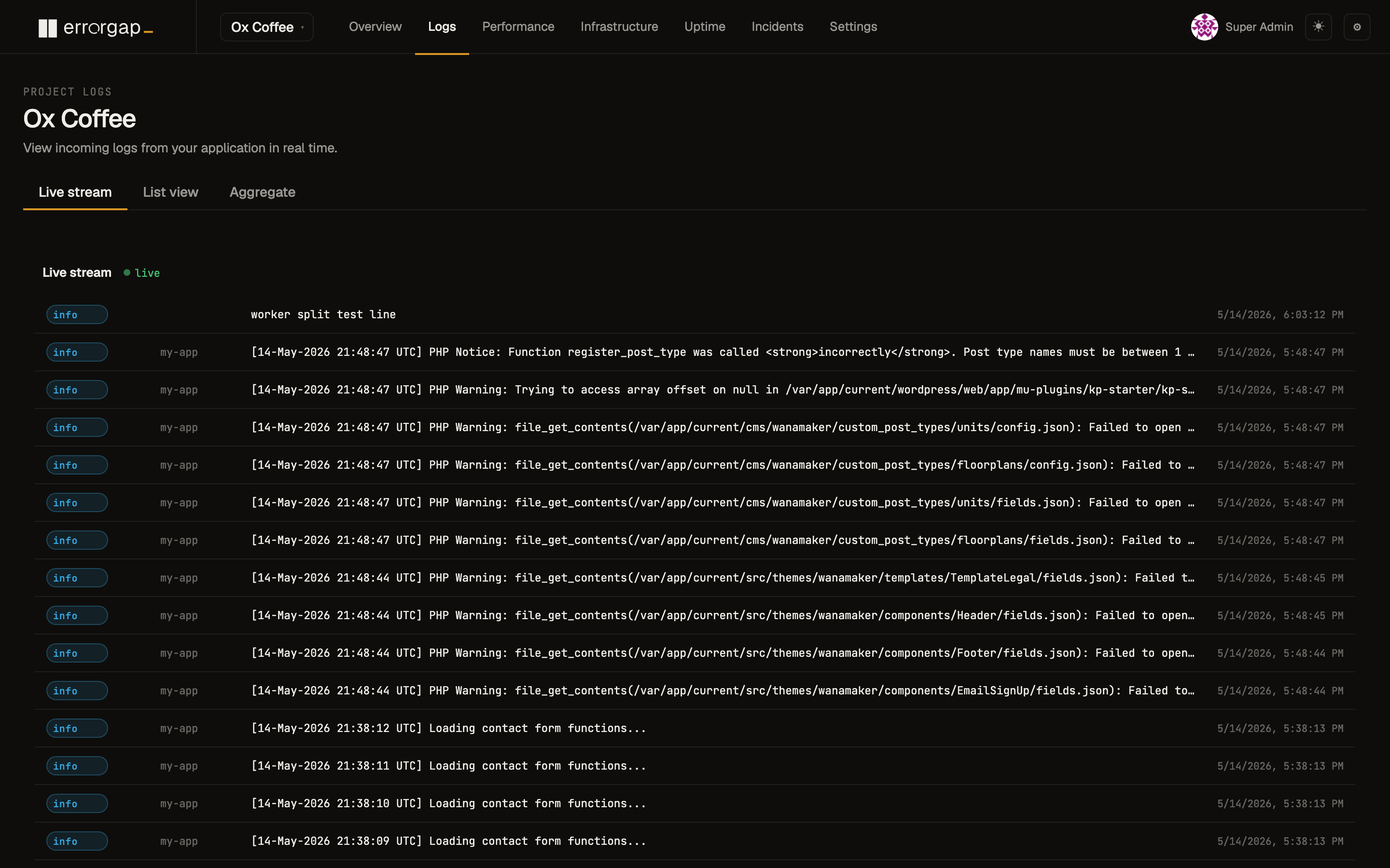 Errorgap live log stream with per-level badges and timestamps